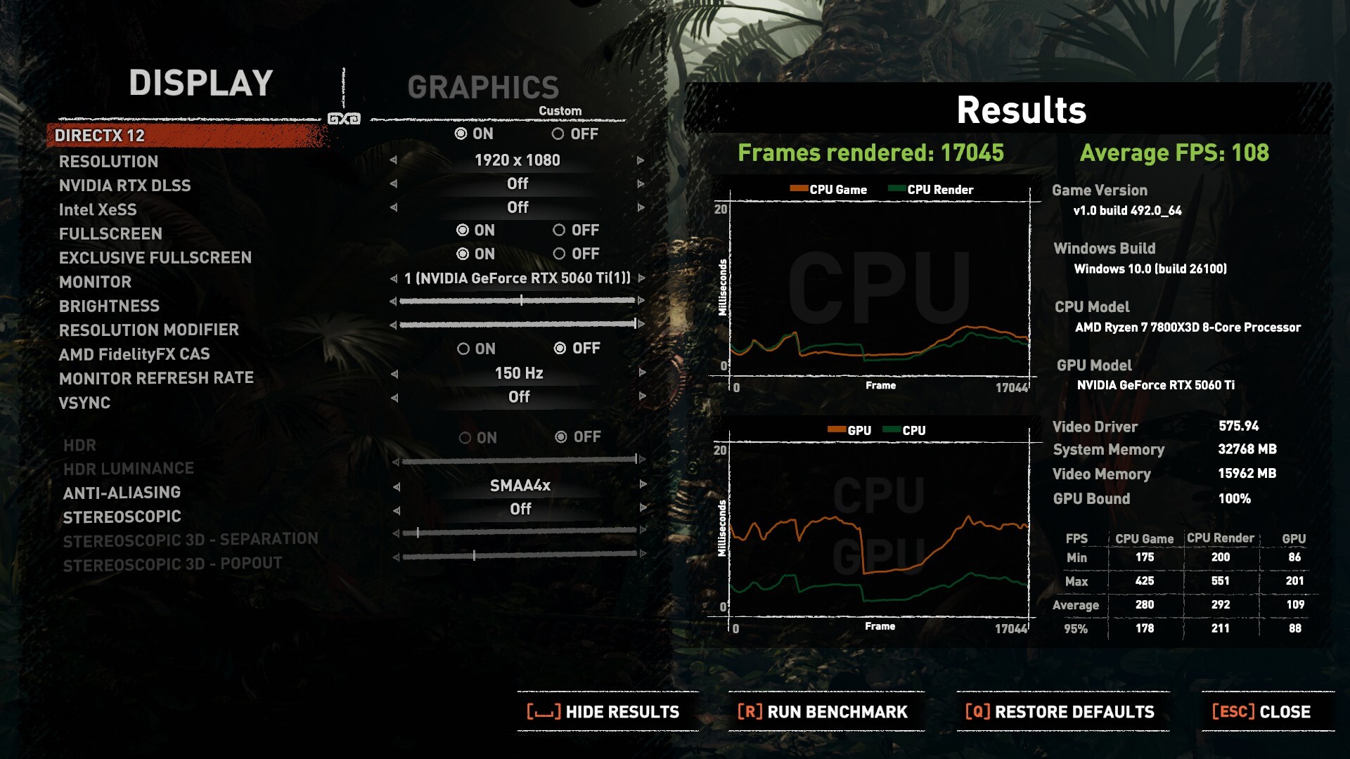 MSI GeForce RTX 5060 Ti 16G GAMING TRIO OC Shadow of the Tomb Raider 1080P Maxed Settings DLSS Off Run 1-1
