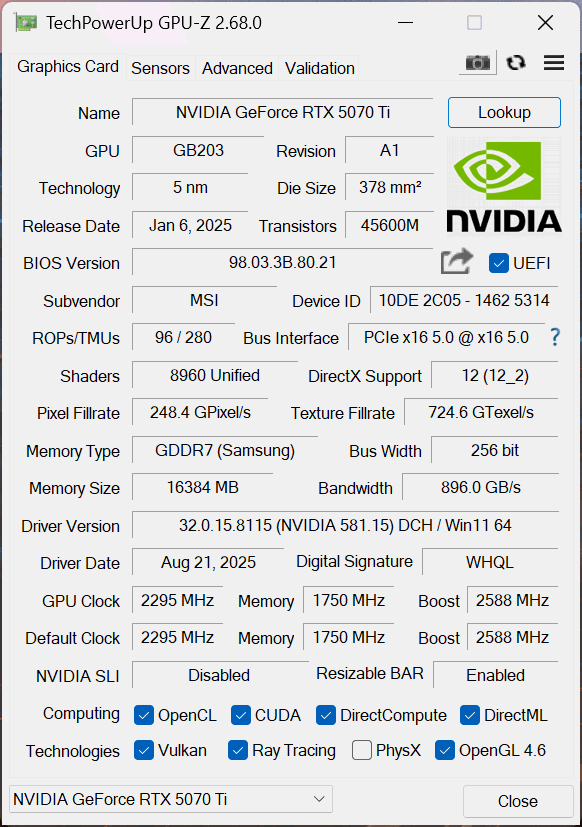 MSI GeForce RTX 5070 Ti 16G VANGUARD SOC LAUNCH EDITION GPU-Z