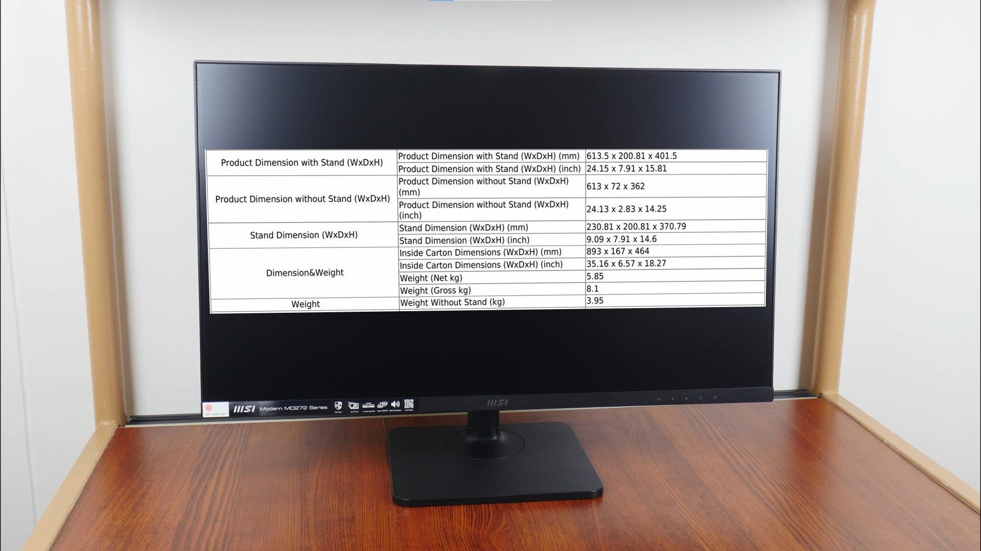 MSI Modern MD272P Dimensions