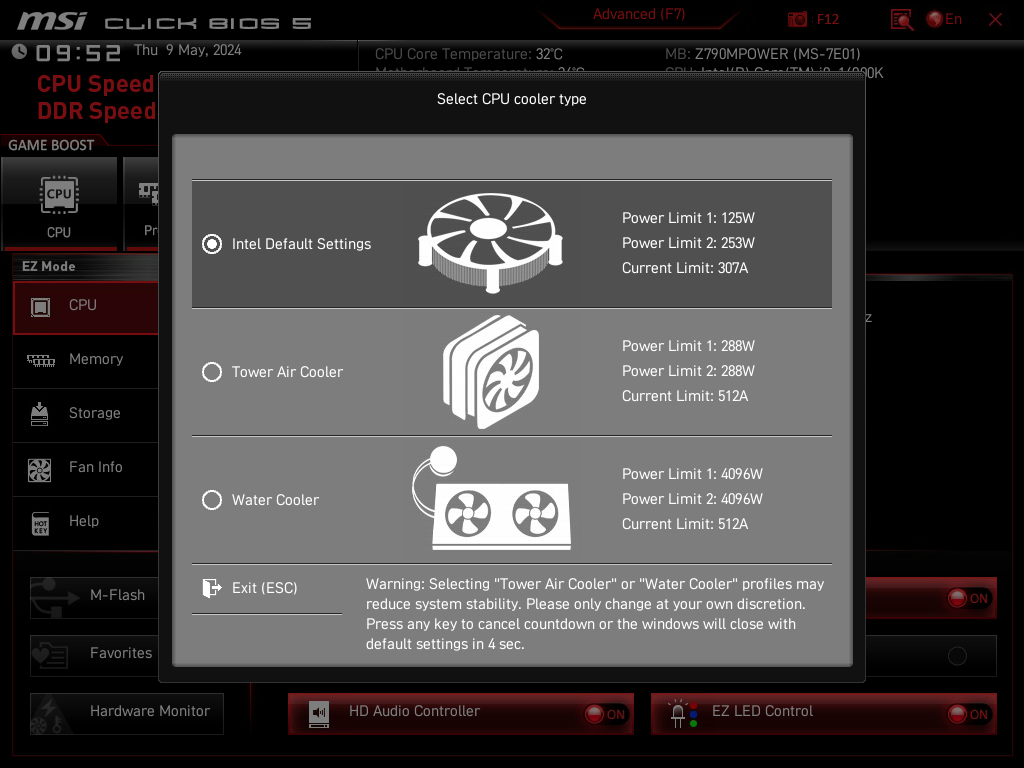 MSI CPU Cooler Type Settings Intel 13th 14th Gen