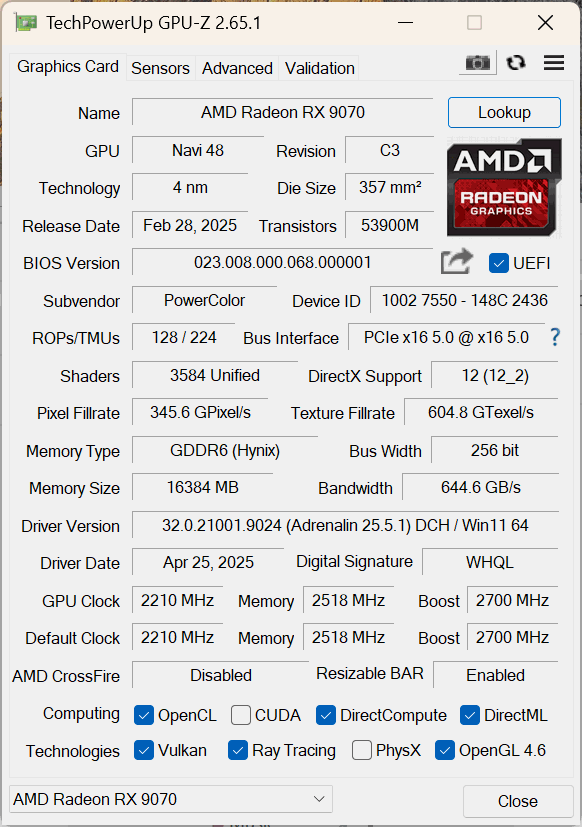 PowerColor Red Devil Radeon RX 9070 16GB GDDR6 GPU-Z