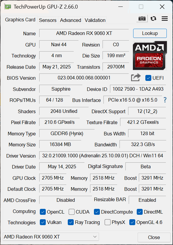 Sapphire PULSE AMD Radeon RX 9060 XT 16GB GPU-Z