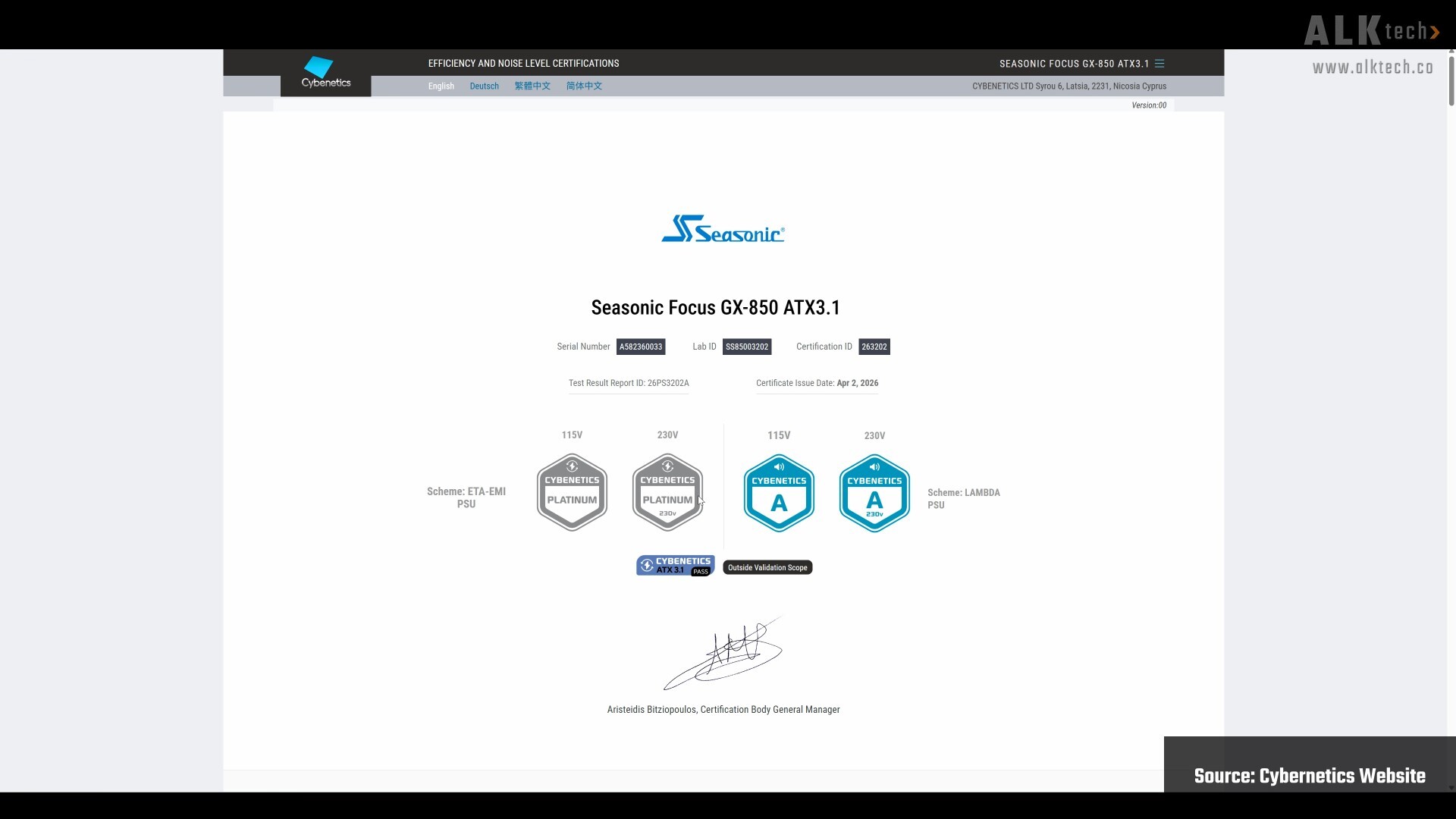 Seasonic Focus GX ATX 3.1 850W Cybernetics Certification