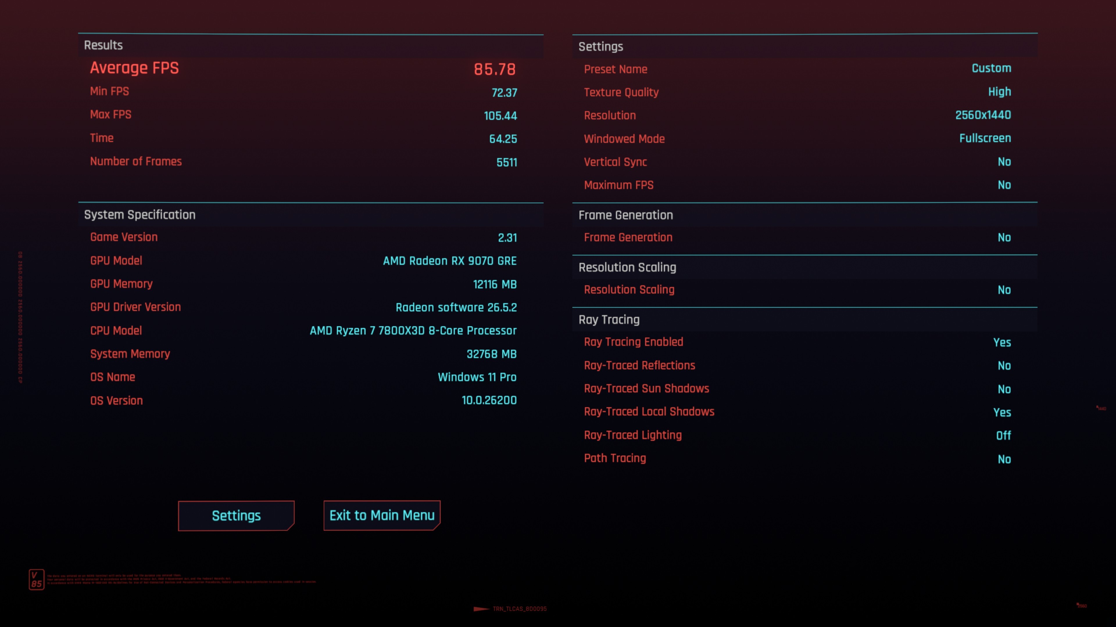 XFX Swift Radeon RX 9070 GRE Triple Fan 12GB GDDR6 C2077 1440p RT Low Preset