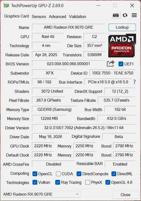 XFX Swift Radeon RX 9070 GRE Triple Fan 12GB GDDR6 GPU-Z Screenshot